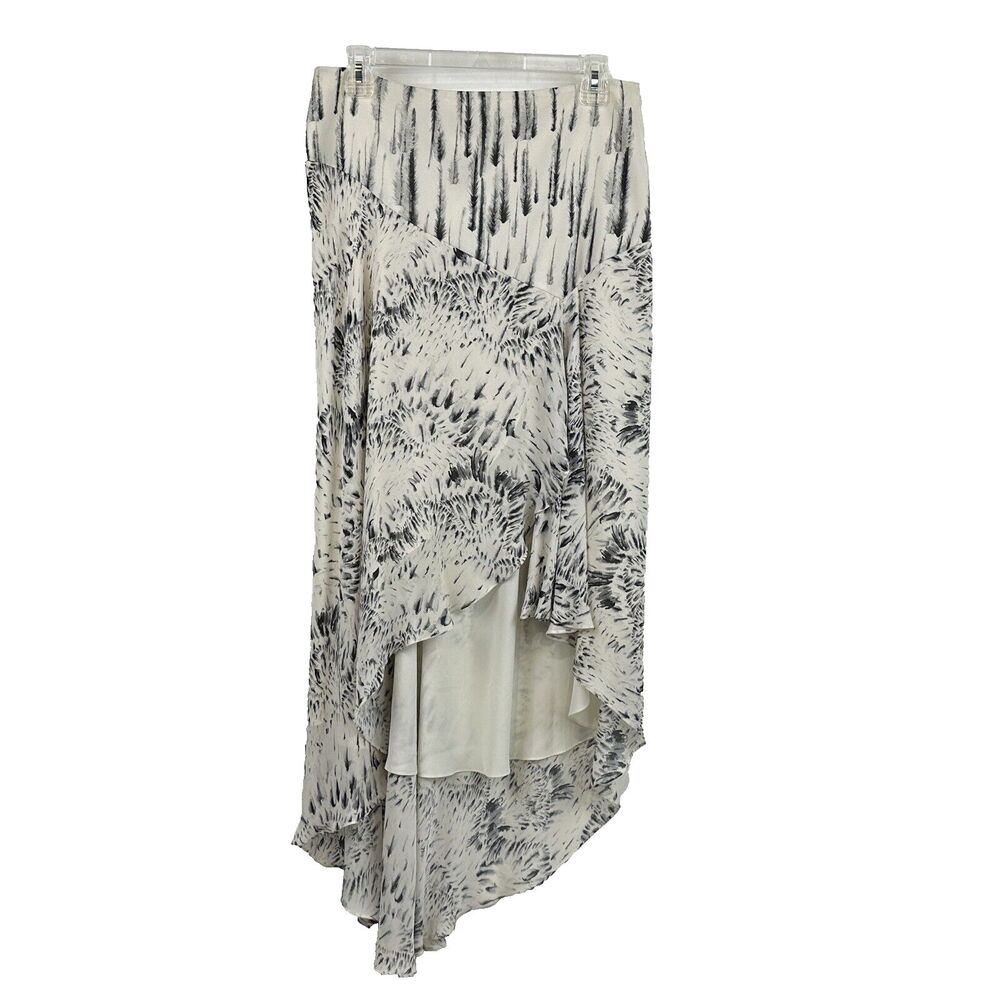 Haute Hippie Silk High Low Maxi Skirt 6 Feather Print Ruffle Layered Ivory Black